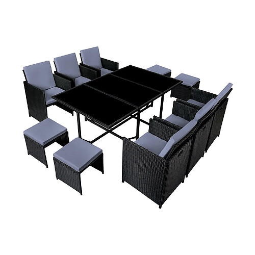 Concept Usine Table et chaises 10 places en résine tressée noir et gris FLORIDA