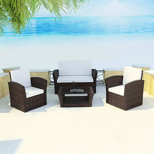 vidaXL Salon de jardin 4 pcs avec coussins - Résine tressée Marron
