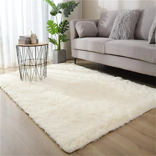 Tapis Carré Shaggy Moderne - Beige/Blanc