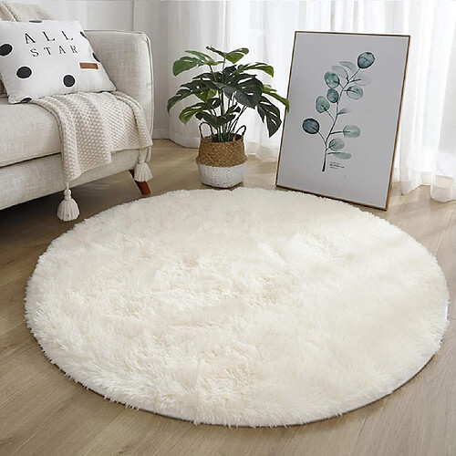 Tapis Salon Rond Shaggy Moderne - Beige Blanc