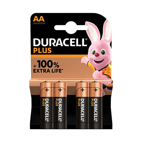 Pack de 4 piles alcalines Duracell Plus AA 1,5V LR06 Noir