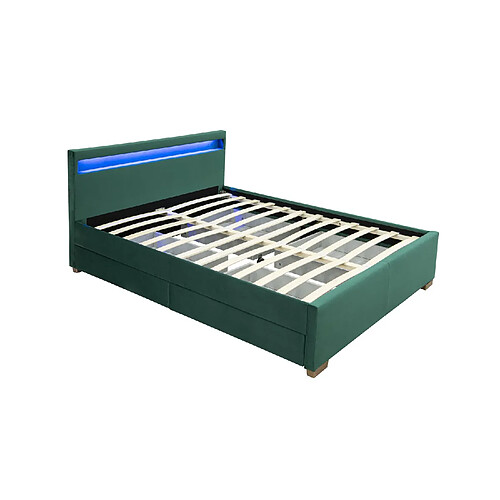 Concept Usine Lit en velours vert avec rangements et led intégrées 140x190 cm ENFIELD
