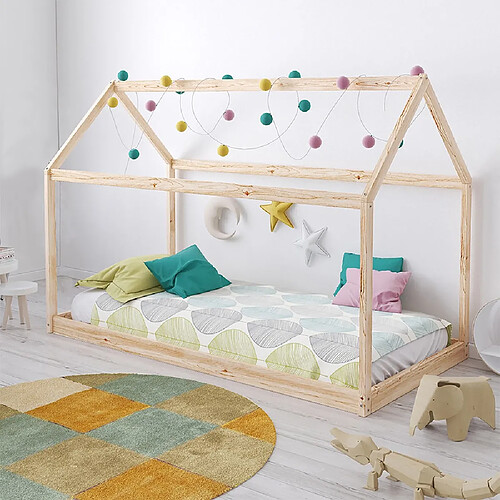 Le Quai Des Affaires Lit cabane PANDA 90x190 + 1 sommier + matelas IRIS / Naturel