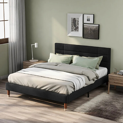 LBF Lit capitonné Double avec tiroir de lit et sommier à Lattes, Cadre de lit capitonné avec tête de lit en Lin Noir, pour Adultes et Adolescents, Noir (Matelas Non Inclus) 140 x 200 cm