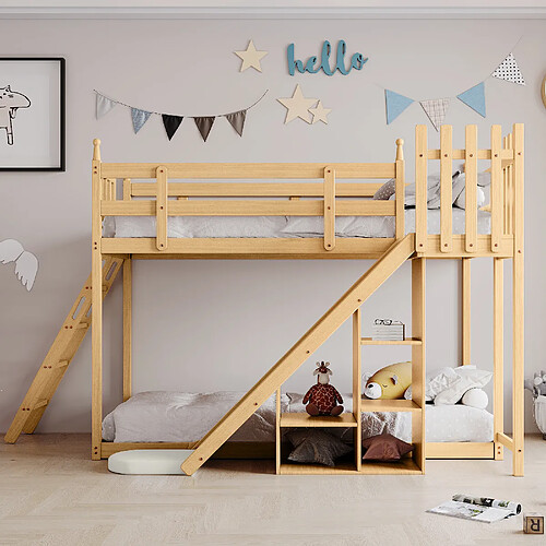 KOMHTOM Lit superposé avec toboggan et rideau - Pin 90x200 cm