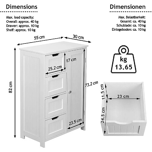 Helloshop26 Meuble de salle de bain 4 tiroirs 82 cm blanc