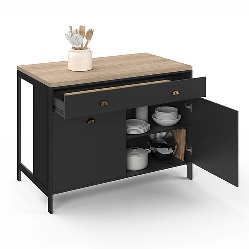 Îlot Central De Cuisine Orso 120 Cm - 6 Tiroirs, Plateau Bois, Noir - IDMarket