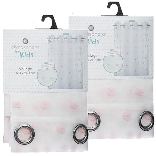 Toilinux Lot de 2 Rideaux pour chambre d'enfant avec pompons Lilo - 140 x 240 cm - Rose