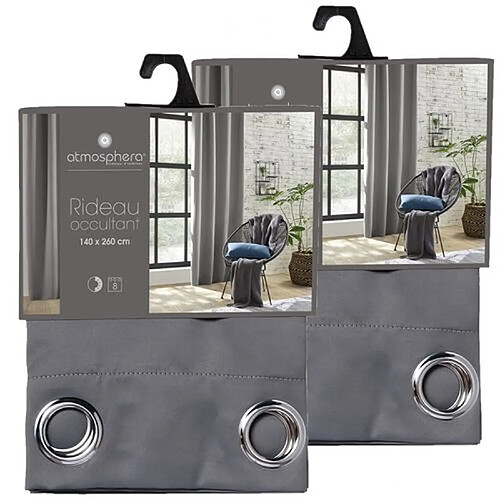 Toilinux Lot de 2 Rideaux de salon occultants 8 œillets - 140 x 260 cm - Gris