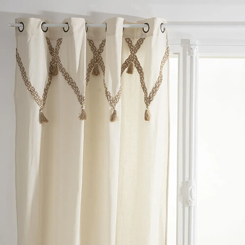 Toilinux Lot de 2 Rideaux Carmen à Pompons en jute - 140 cm x 260 cm - Beige