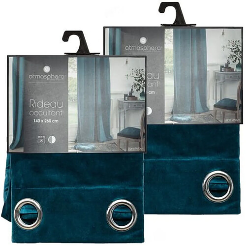 Toilinux Lot de 2 Rideaux occultants en polyester effet velours - Bleu canard - 140 x 260 cm