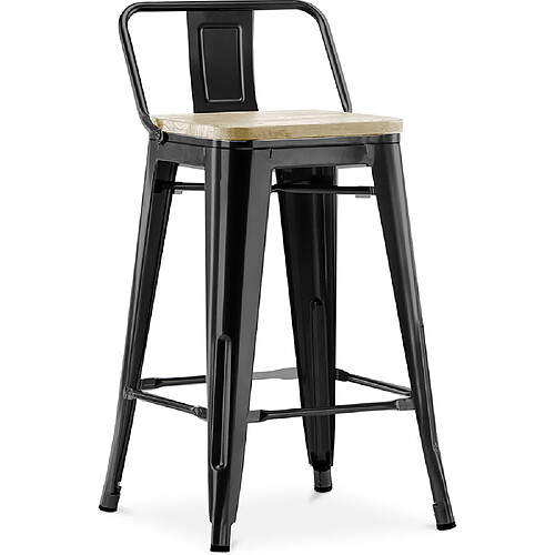 ICONIK INTERIOR Tabouret de bar avec dossier - Design industriel - Bois et acier - 60cm - Nouvelle édition - Stylix Noir