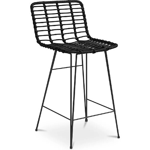 ICONIK INTERIOR Tabouret de bar en rotin avec dossier - Boho Bali Design - 75cm - Catori Noir