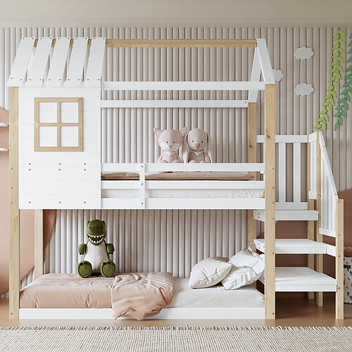Lit Superposé Bois Avec Escalier Rangement | 90x200 Cm, 2 Tiroirs, Sécurisé, Sans Matelas (blanc) - 13