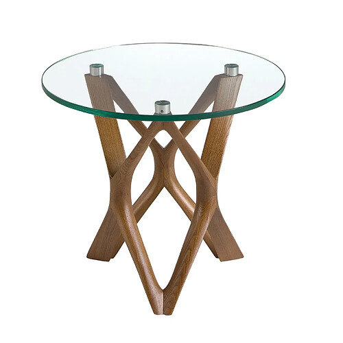 Angel Cerda Table d'angle ronde en verre trempé et noyer