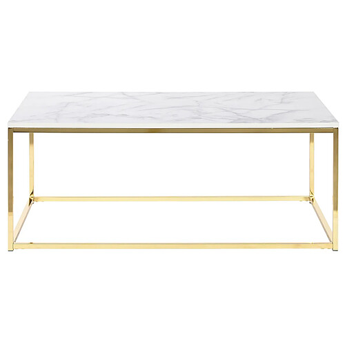 Pegane Table basse, table de salon rectangulaire en métal doré et marbre coloris blanc - longueur 100 x profondeur 60 x Hauteur 40 cm