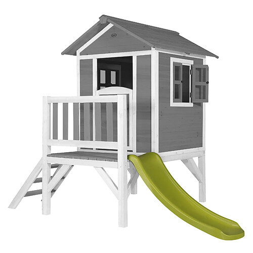 Axi House AXI Maison Enfant Beach Lodge XL en Gris avec Toboggan VERT Clair | Maison de Jeux en Bois FFC pour Les Enfants | Maisonnette / Cabane en Bois