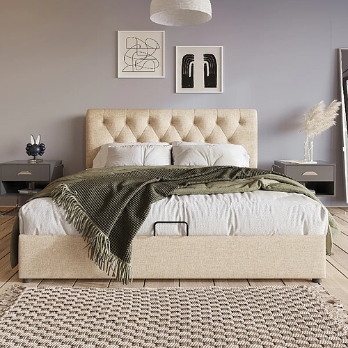 KOMHTOM Lit double hydraulique 160x200 cm capitonné, tête de lit réglable à lattes, cadre de lit moderne avec espace de rangement, couleur naturelle, matelas non inclus