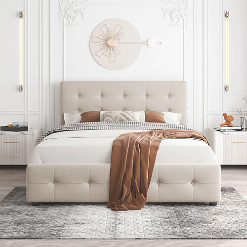 KOMHTOM Lit rembourré avec tiroirs - Velours beige 140x200 cm