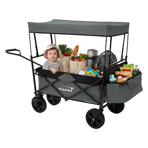 Hauki Chariot de transport pliable avec toit gris avec poches pour enfants charge 80kg