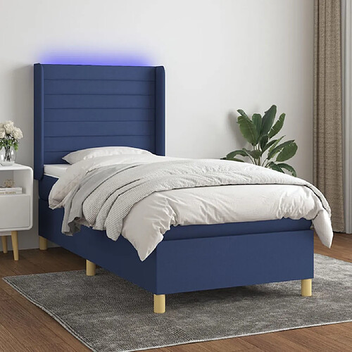 vidaXL Sommier à lattes de lit matelas et LED Bleu 90x200 cm Tissu