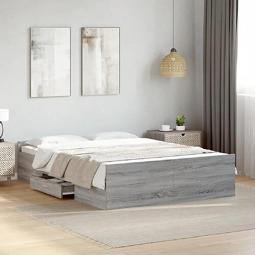 vidaXL Cadre de lit avec tiroirs sans matelas sonoma gris 135x190 cm