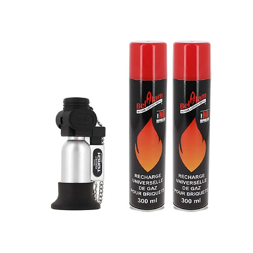 Pack Briquet Prince Pocket Argent + 2 bouteilles gaz Belflam 300 ml