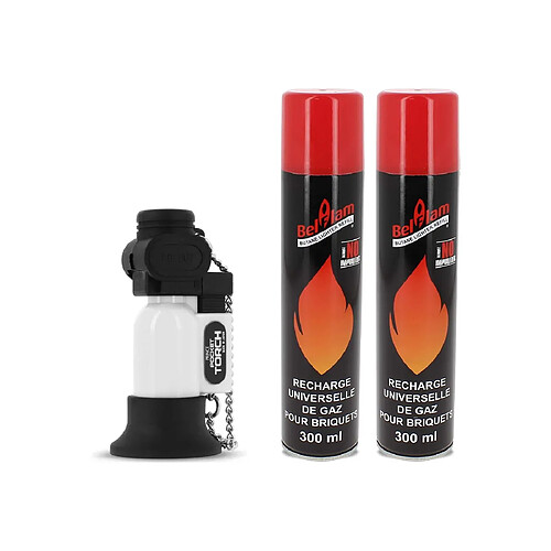 Pack Briquet Prince Pocket Torche Blanc + 2 bouteilles gaz Belflam 300 ml