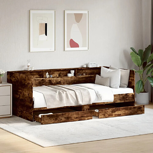 vidaXL Lit de jour avec tiroirs sans matelas chêne fumé 100x200 cm