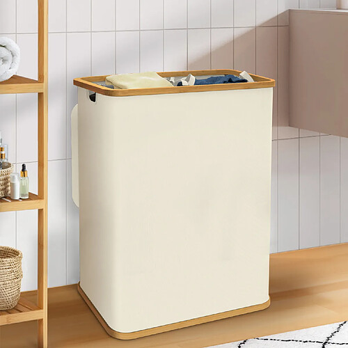 Idmarket Panier à linge 140 L 2 bacs amovibles bambou RITA tissu écru