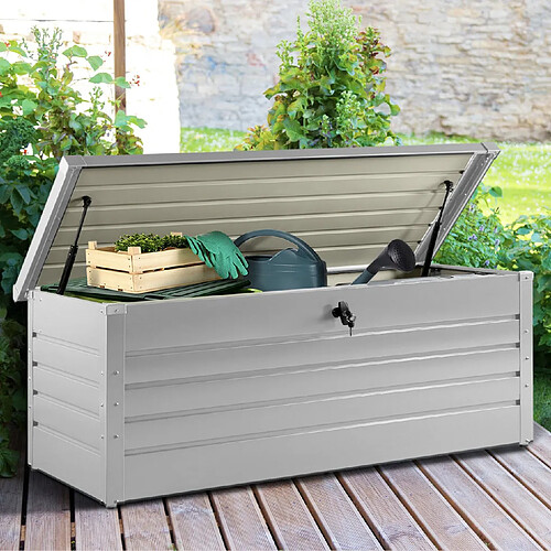 Idmarket Coffre de rangement métal verrouillable gris clair pour jardin 600L 165x70x63 cm