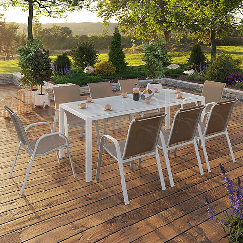 Idmarket Salon de jardin MADRID table 190 cm et 8 chaises - Blanc/Beige