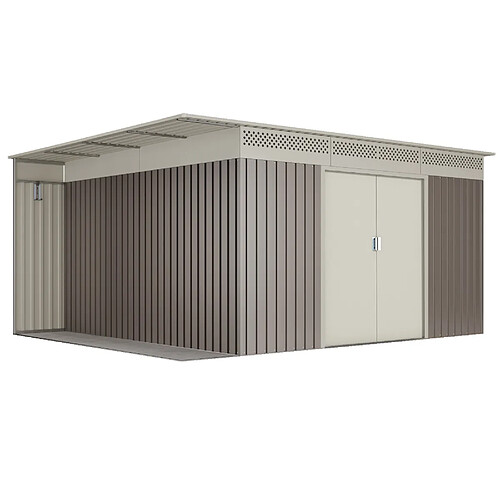Wasabi - Abri de Jardin Métal 13,22m2 Coffee – Avec Bûcher - Porte coulissante double - Toit plat - Grilles de ventilation