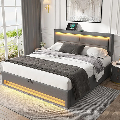 KOMHTOM Lit Rembourré 160 x 200 cm avec USB et LED Gris