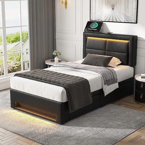 Lit Coffre Rembourré Avec LED Et Charge Sans Fil - Gain De Place Et Ambiance Lumineuse Pour Chambre Ado Ou Adulte