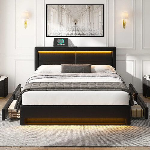 KOMHTOM Lit rembourré avec LED et USB - Noir 140x190 cm