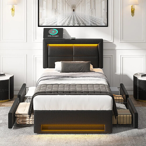 KOMHTOM Lit rembourré 90x190 cm - USB - LED - Noir