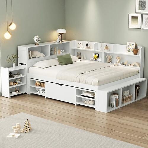 KOMHTOM Lit d'enfant 140x200 cm - Avec rangement - Blanc