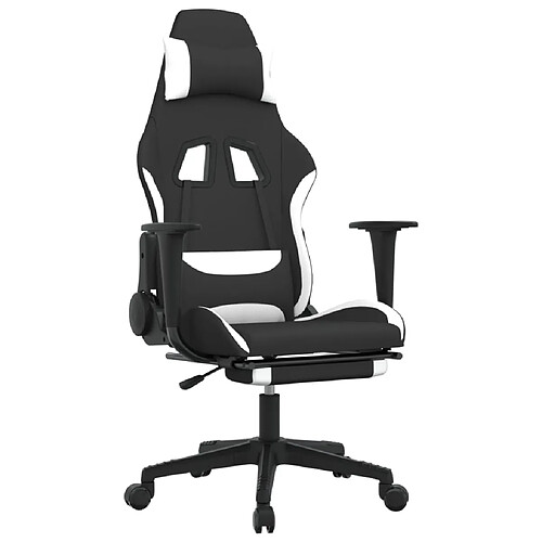Decoshop26 Fauteuil de bureau chaise gaming sur roulettes avec coussin lombaire avec repose-pieds en tissu blanc et noir DEC025833