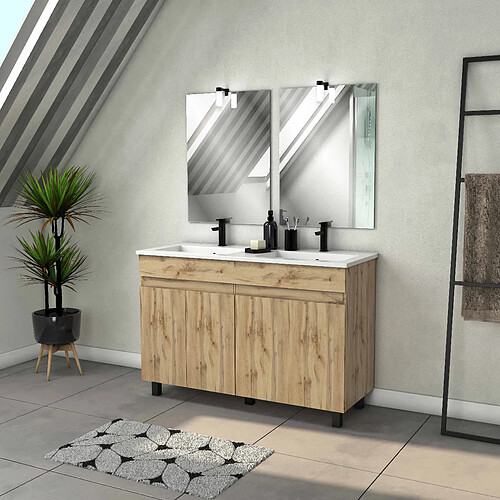 Meuble De Salle De Bains 100cm TIMBER Décor Chêne 2 Tiroirs Et Module Vasque Ronde Blanche