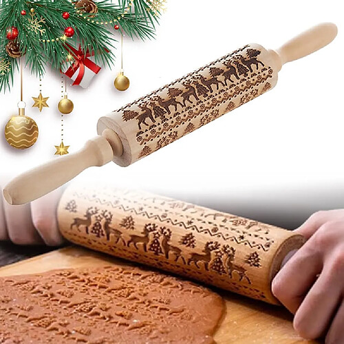 Vendos85 Rouleau à pâte en bois de hêtre pour rouler la pâte-Relief Décoration de Noël(35x4.1cm)