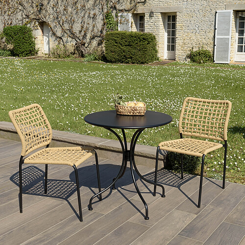 MACABANE Salon de jardin 2 personnes en acier noir - 1 table ronde 70x70cm et 2 chaises en cordage tressé