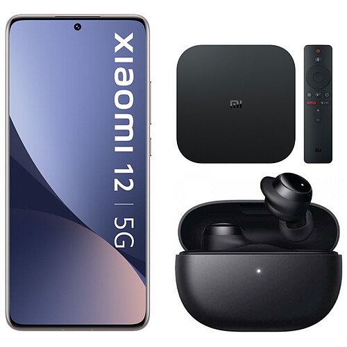 Xiaomi 12 - 256 Go - Gris + Mi Box TV S - Passerelle multimédia 4K Android TV + Redmi Buds 3 Lite (Noir)