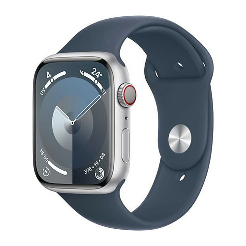 Apple Watch Series 9 GPS + Cellular 45 mm avec boîtier en aluminium argenté et bracelet sport Bleu tempête S/M