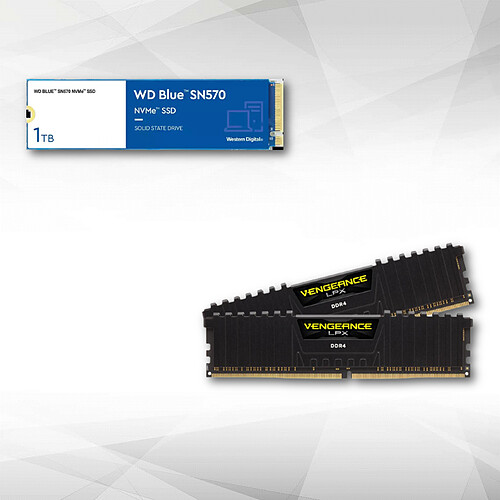 Western Digital Disque SSD NVMe™ WD Blue SN570 1 To + Vengeance LPX - 2x8 Go - DDR4 3600 MHz - C18 - Noir