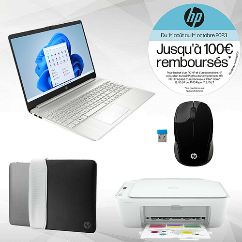 HP 15s-eq2095nf + DeskJet 2710e - Wifi - 26K72B#629 + Housse de protection réversible pour ordinateur portable HP 15,6 pouces (argenté) 2F2K5AA + Souris sans fil HP 200 - X6W31AA