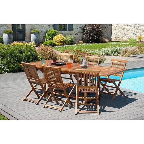 MACABANE SALON DE JARDIN EN BOIS TECK HUILE 8/10 pers : Ensemble de jardin - 1 Table rectangulaire extensible 180*240/100 cm et 6 chaises