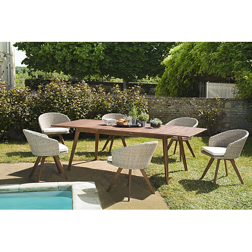 MACABANE Ensemble Table extensible en Acacia + 6 Fauteuils Rotin synthétique et Acacia + coussin écru  BALI