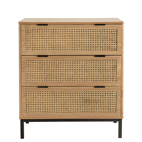 Commode 3 tiroirs cannage naturel pieds métal noir  MARCEAU