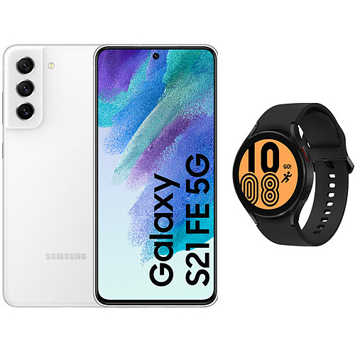 Samsung Galaxy S21 FE - 5G - 128GO - Blanc  + Galaxy Watch4 - 44 mm - Bluetooth - Noir